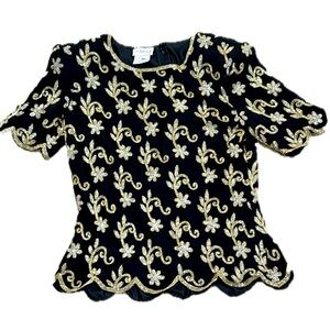 👚🖤 STENAY Vintage 80s Black Gold Fleur-de-Lis Sequin Blouse | Collector Silk L
